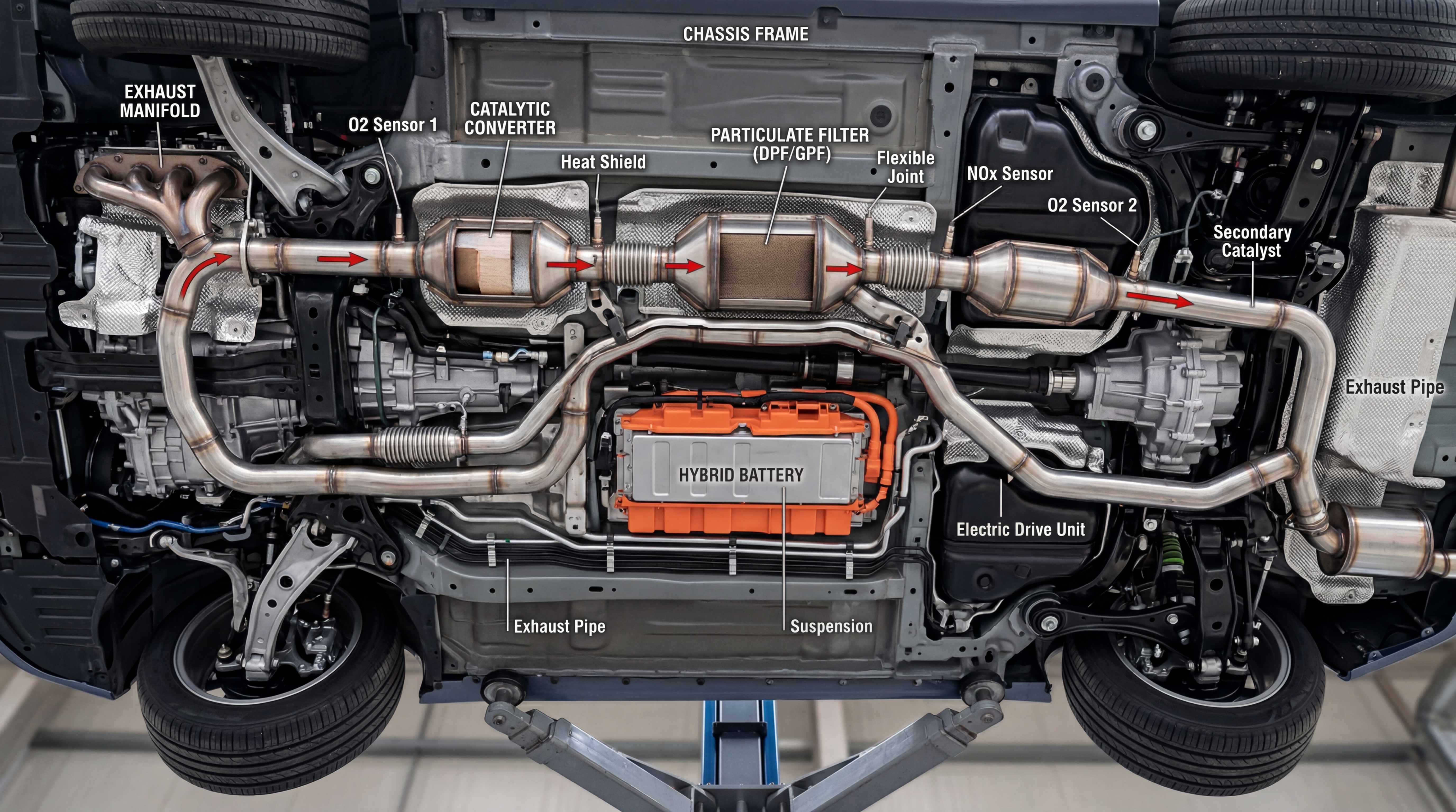 Hybrid vehicle exhaust system underbody layout showing catalytic converter, particulate filter, sensors, heat shields and battery packaging
